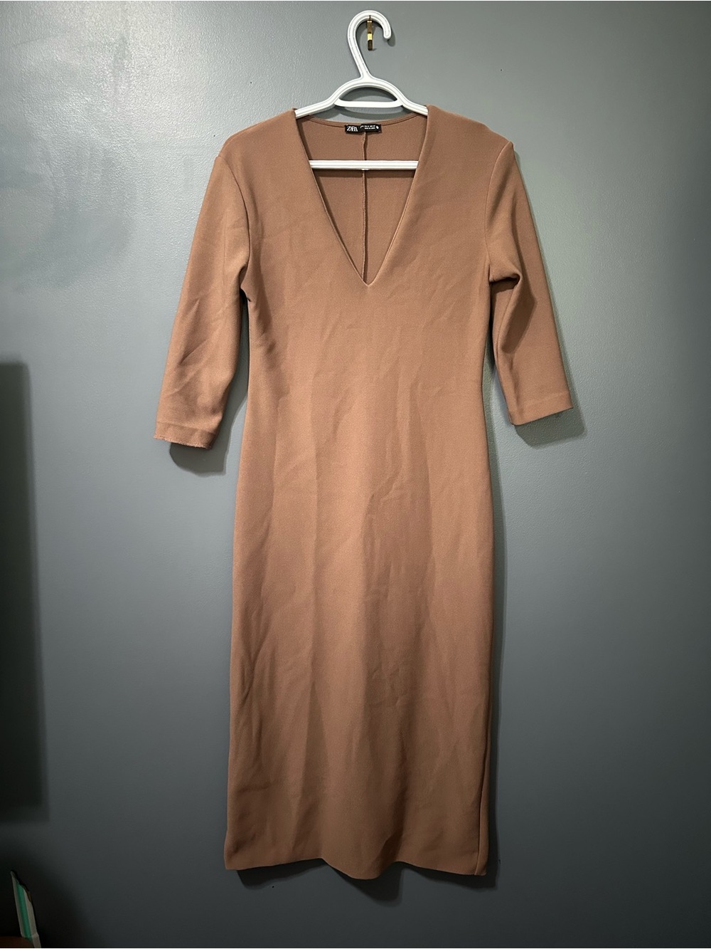 Zara Camel V-Neck Midi Dress